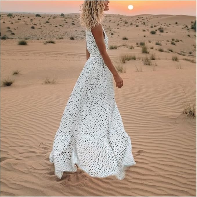 Woman styled in the Waverly boho maxi dress with sandals for a relaxed summer look