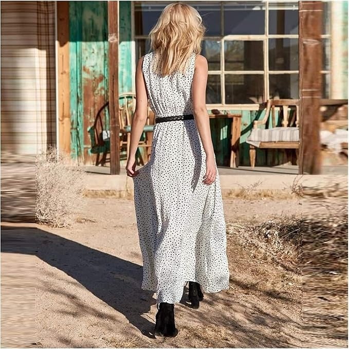 Full-length back view of the Waverly polka dot draped maxi dress in beige