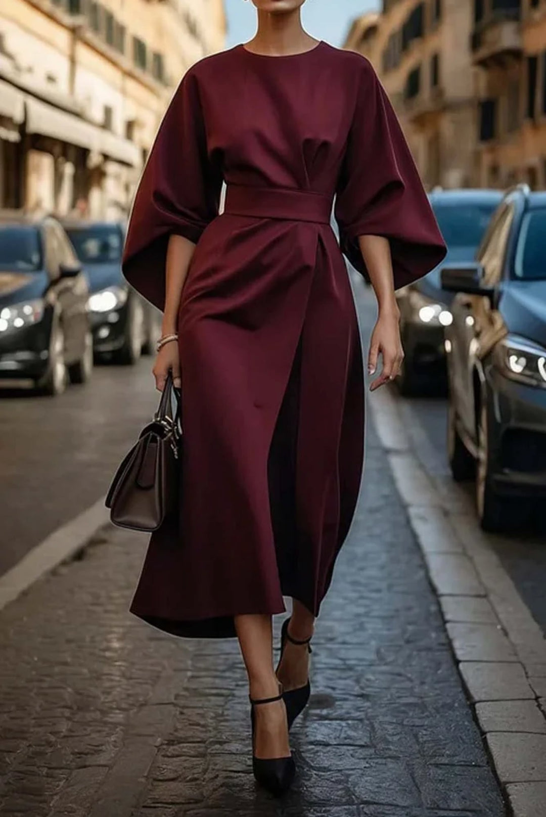 Side profile of the Wendy elegant dress in black showing the flowing skirt and lightweight fabric
