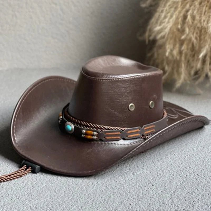 Close-up of vintage cowboy hat brim showing rugged vintage finish and premium material texture
