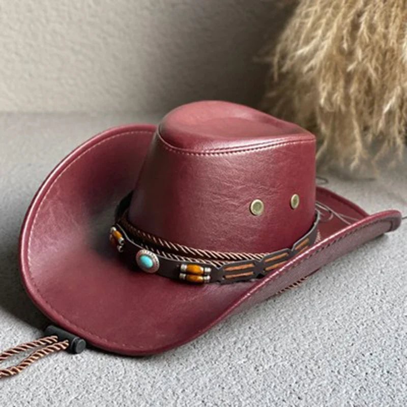 Model wearing vintage western cowboy hat styled with a casual festival outfit