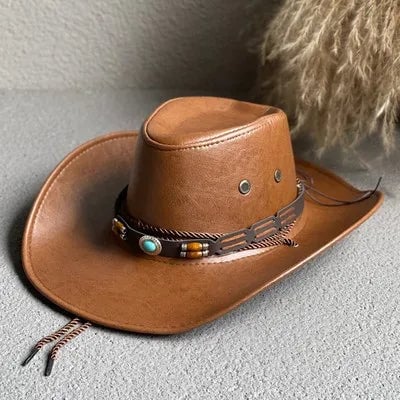 Vintage cowboy hat shown in available colors: Khaki, Brown, and Wine Red