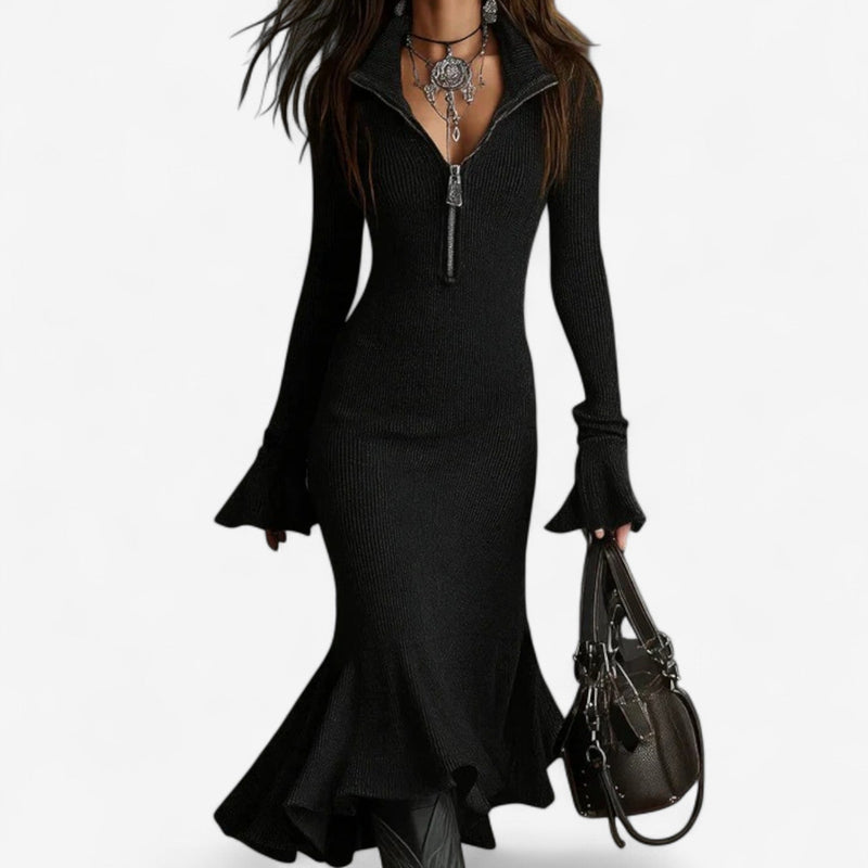 Side view of the collar zip dress showing the flexible fit and elegant drape of the fabric