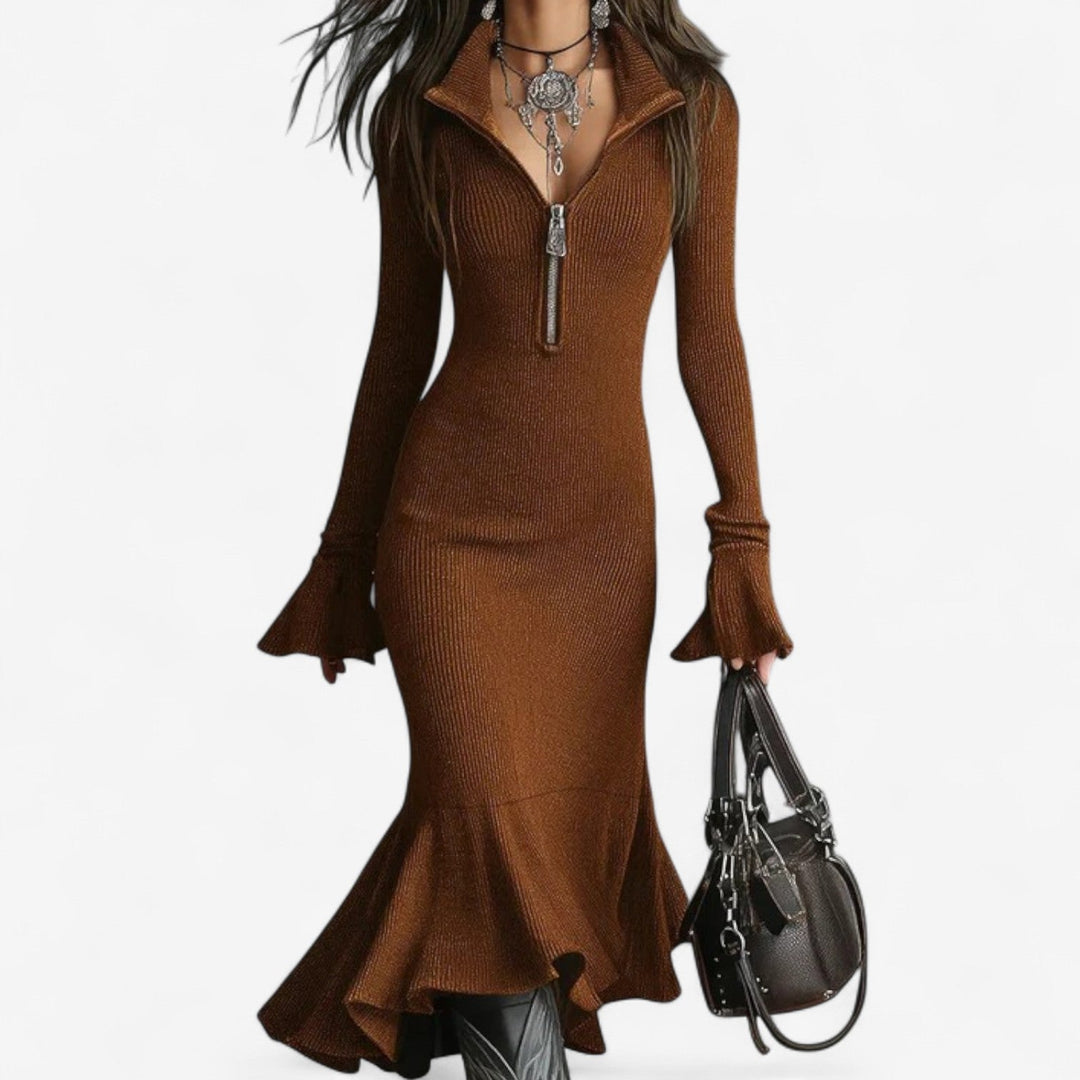 Full-length view of the collar zip dress demonstrating the versatile everyday style from day to night