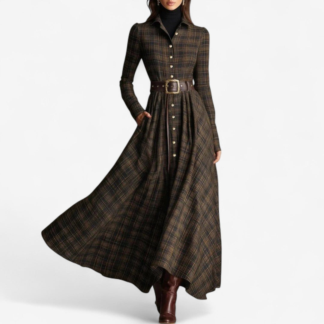 Front view of the Willow maxi vintage-inspired dress in brown, featuring a flowing floor-length silhouette