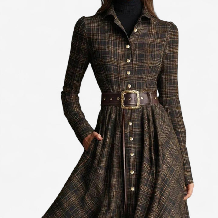 Side view of the Willow vintage-inspired maxi dress in brown showing the full-length silhouette