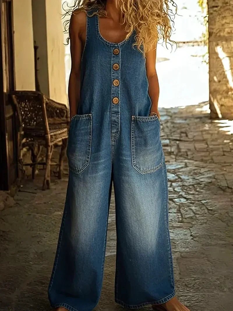 Front view of Willow denim overalls showing deep patch pockets and relaxed dropped-crotch silhouette