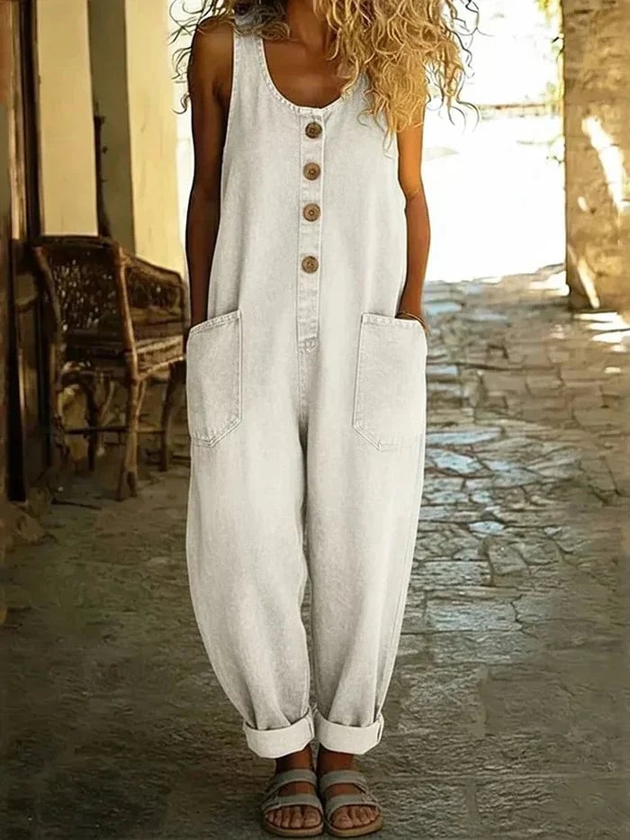 Close-up of wooden-style button front detail on Willow sleeveless denim overalls in black