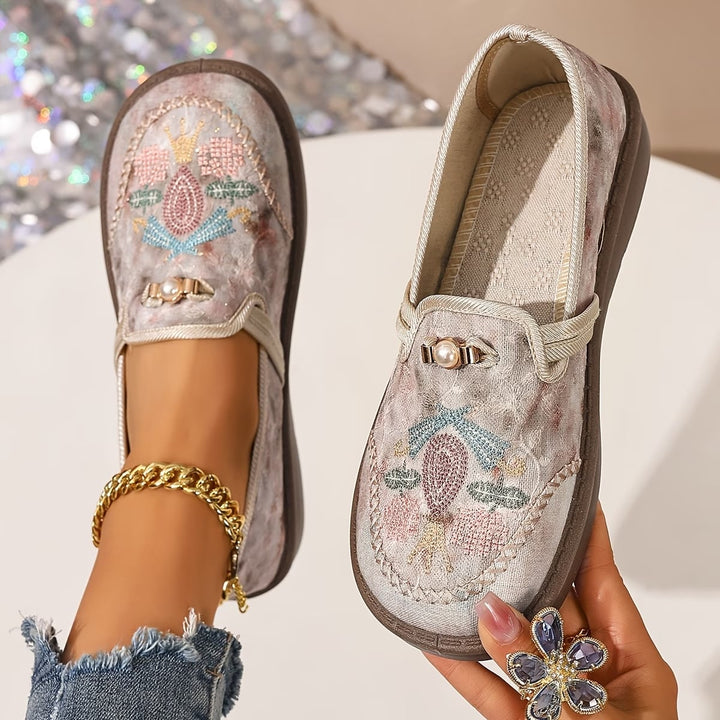 Willow women's embroidered floral loafers in beige with beaded floral detailing and pearl accents, flat slip-on style