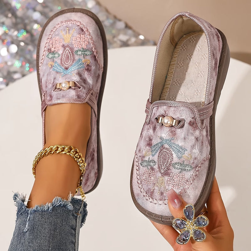 Willow embroidered loafers in pink displayed on a clean background highlighting beadwork and slip-on design