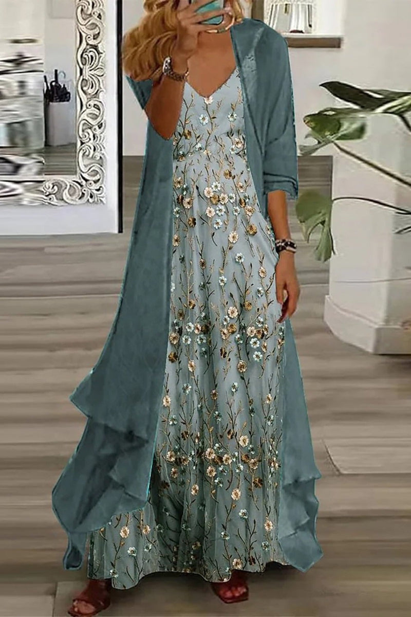 Willow floral maxi dress set in dusty teal, featuring a wildflower-print V-neck slip dress and matching open-front duster cardigan, full-length view