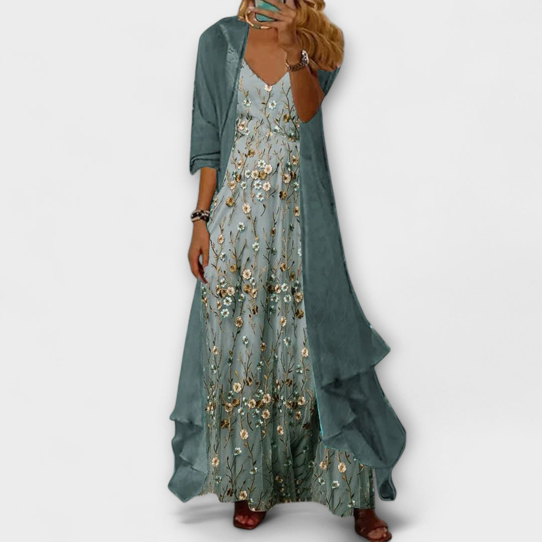 Close-up of the Willow floral maxi dress and longline cardigan set in beige, highlighting the floral print and 3/4 sleeves