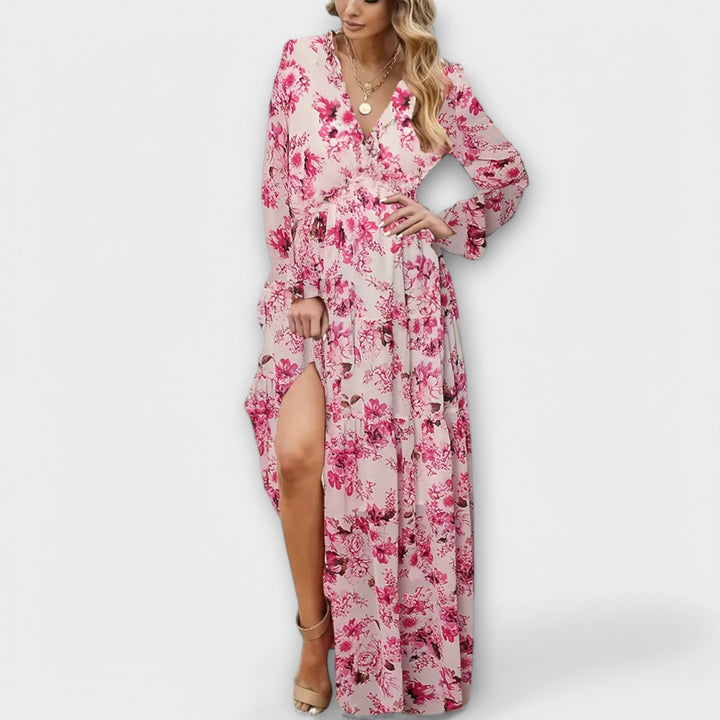 Floral V-neck maxi dress in apricot styled with sandals for a summer look