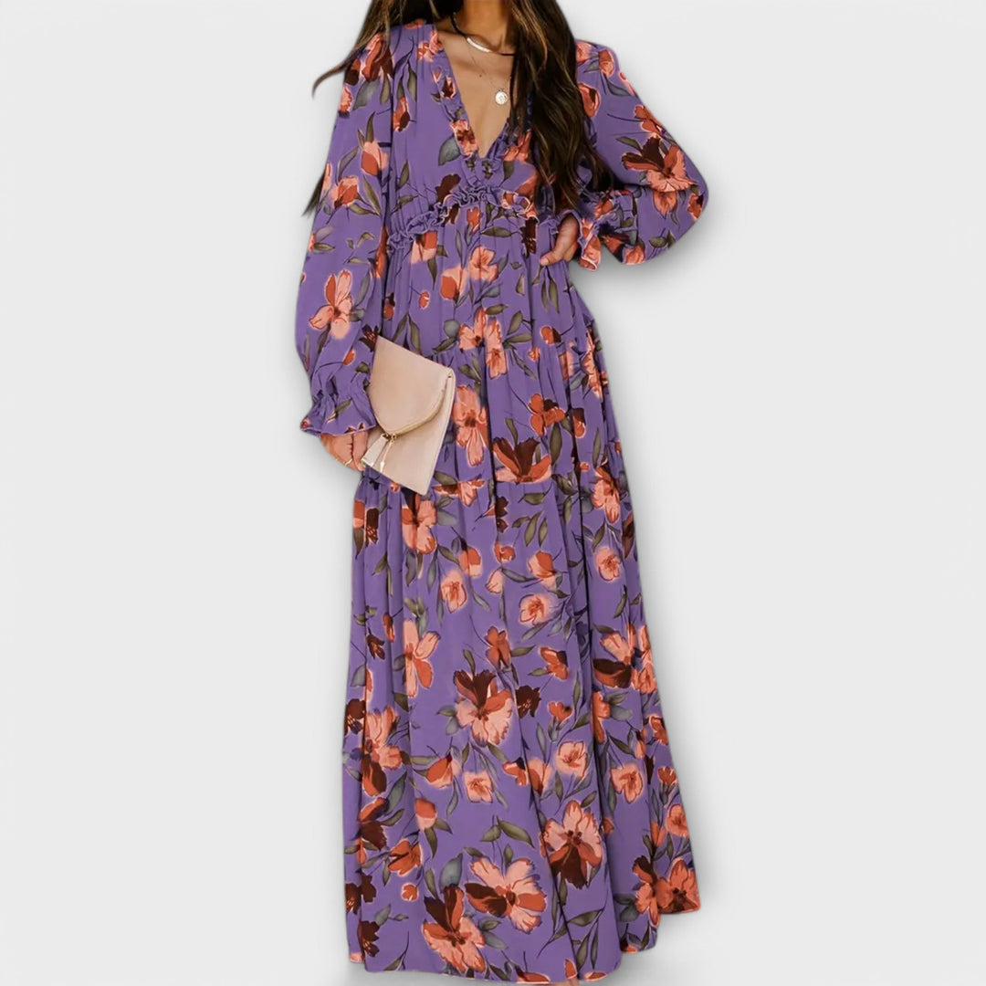 Flatlay of a floral maxi dress showing color and fabric detail