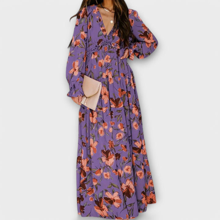 Flatlay of a floral maxi dress showing color and fabric detail