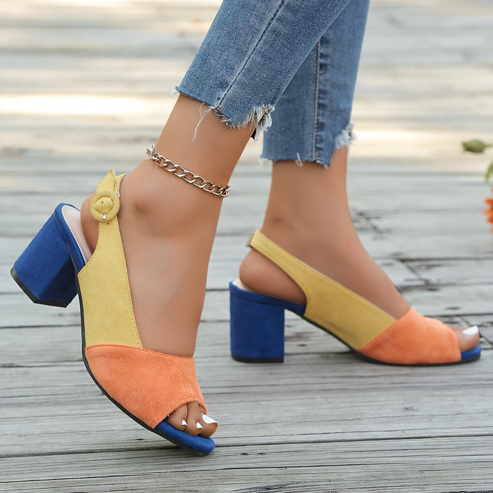 Side view of Winifred slingback heels showing colorblock design and heel height