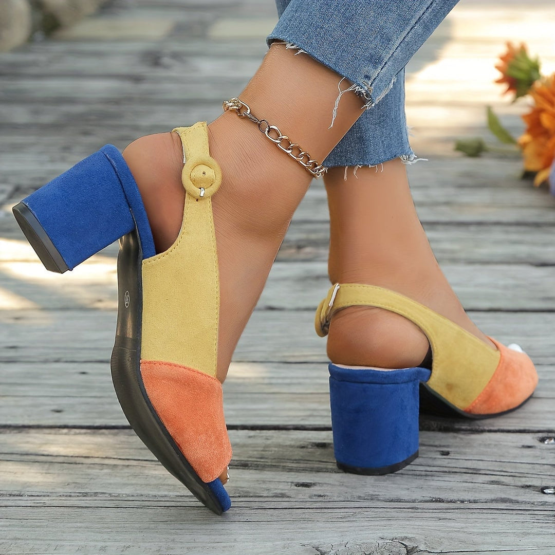 Close-up of adjustable slingback strap on Winifred colorblock heels