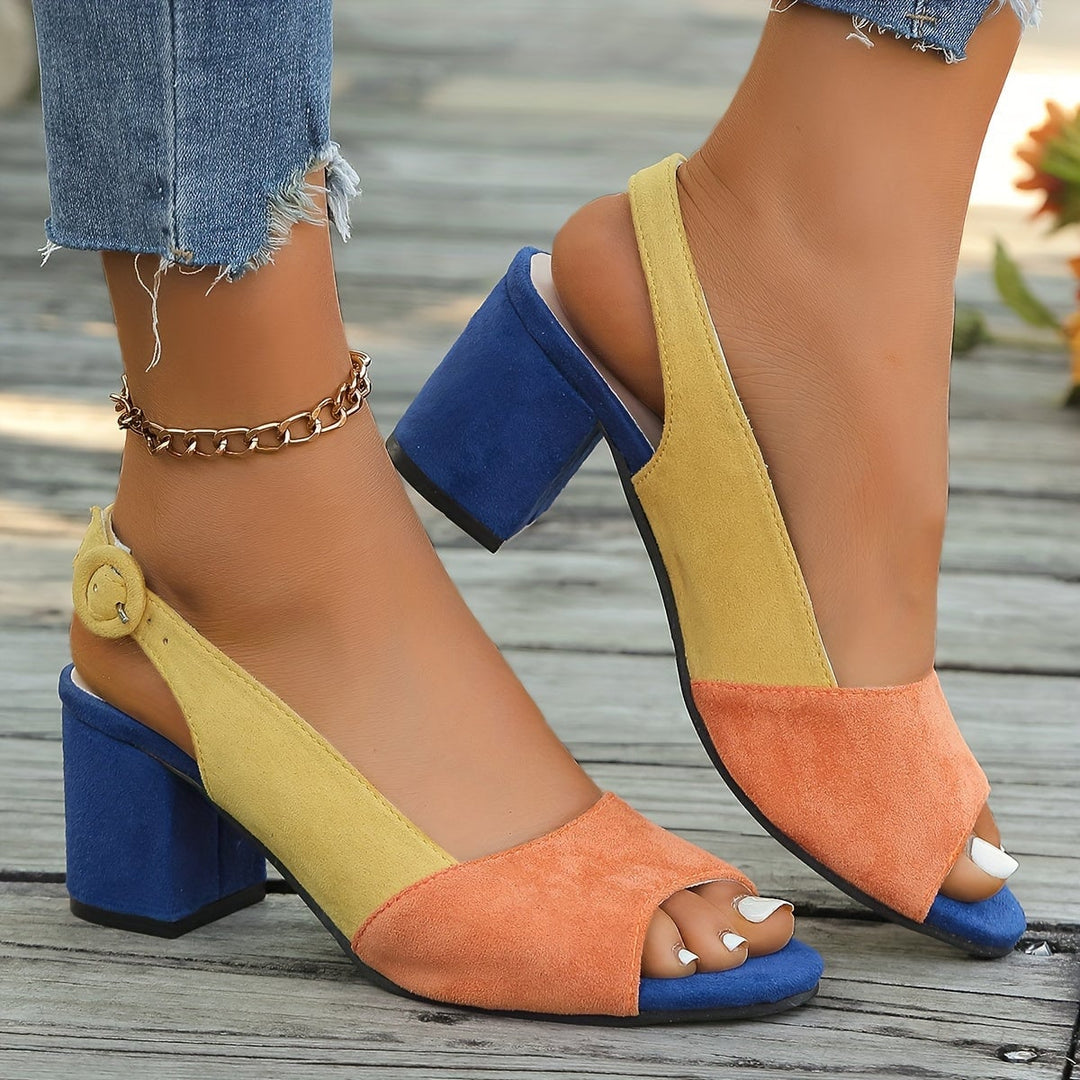 Winifred heels in colorful multicolor colorblock pattern, front view