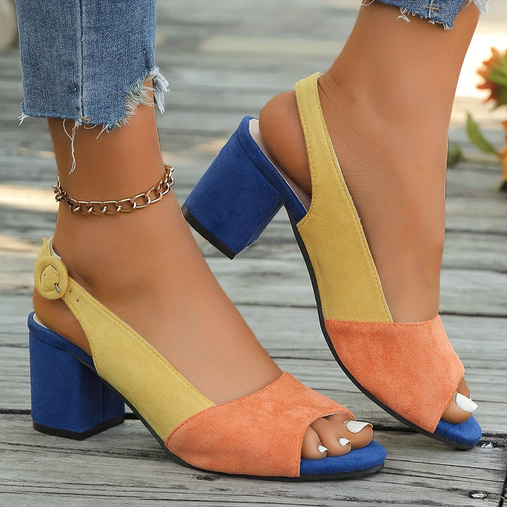 Winifred heels in colorful multicolor colorblock pattern, front view