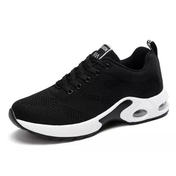 Winifred women's arch support shoes in black, angled front view showing cushioned sole