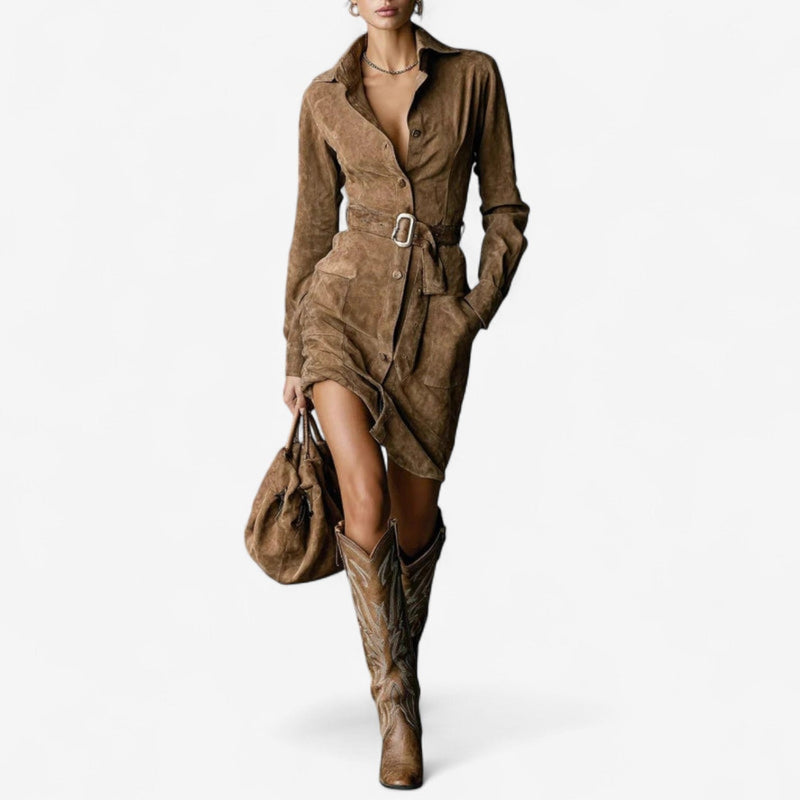Woman wearing a classic elegant brown dress with a graceful silhouette and refined tailoring, front view