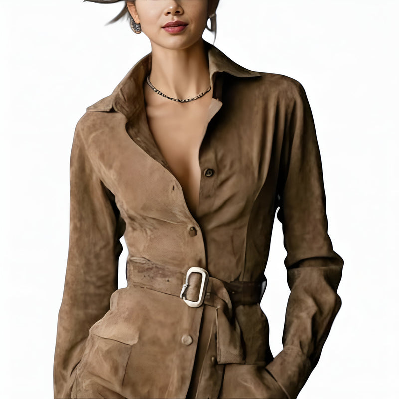 Side profile of a woman in a flattering brown elegant dress showing the clean classic fit