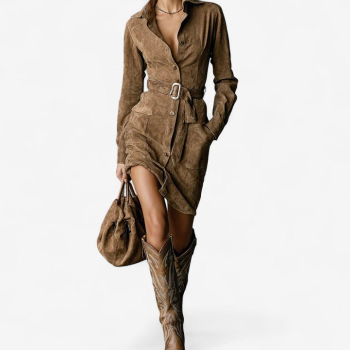 Full-length view of a brown classic elegant dress styled for a formal occasion