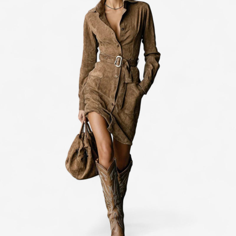 Full-length view of a brown classic elegant dress styled for a formal occasion