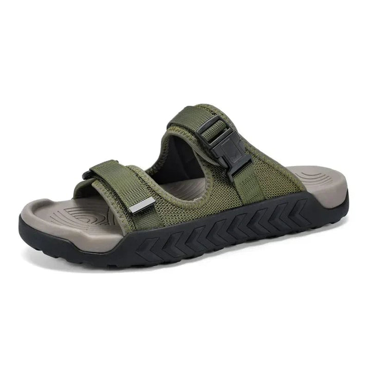 Wisteria women's sport slides in khaki, side profile highlighting cushioned sole