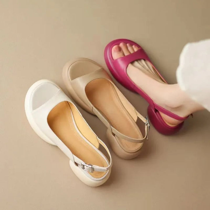 Wren women's platform low heel slip-on sandals in Rose Red, front view on white background