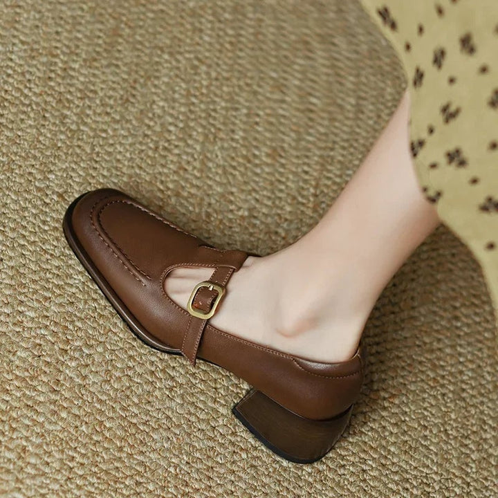 Wren T-strap mary jane shoes in black, side profile showing low block heel