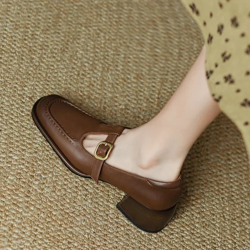 Wren T-strap mary jane shoes in black, side profile showing low block heel