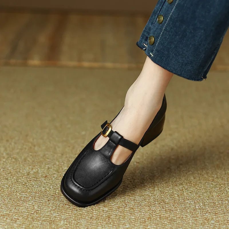 Wren mary jane shoes in black, top-down view highlighting square toe silhouette