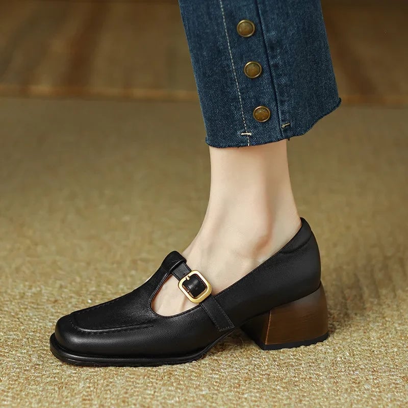 Wren T-strap mary jane shoes in black, back view showing block heel detail