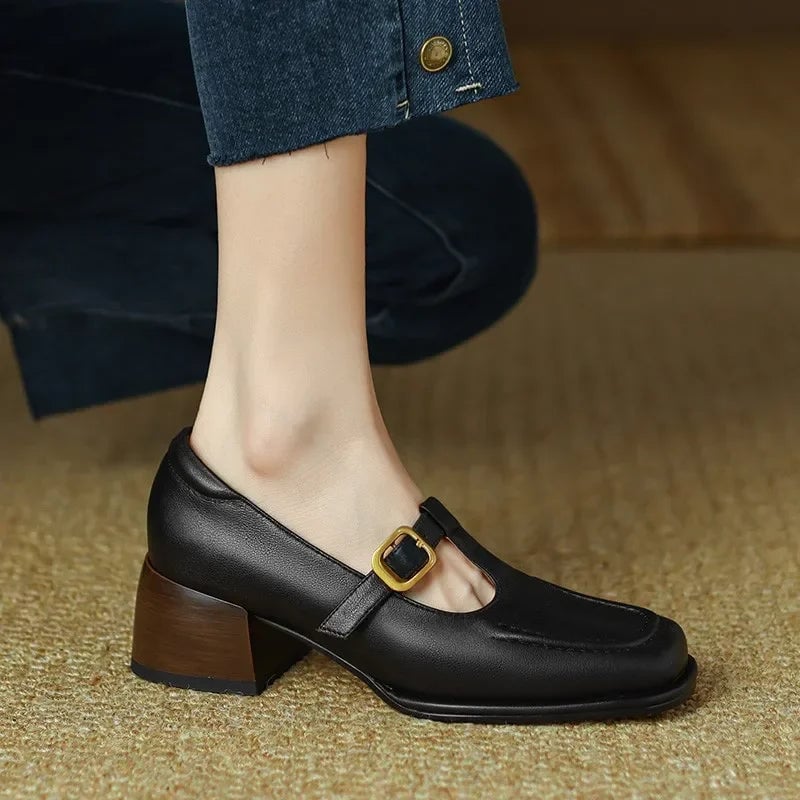 Wren T-strap mary jane shoes in warm brown, front view with square toe