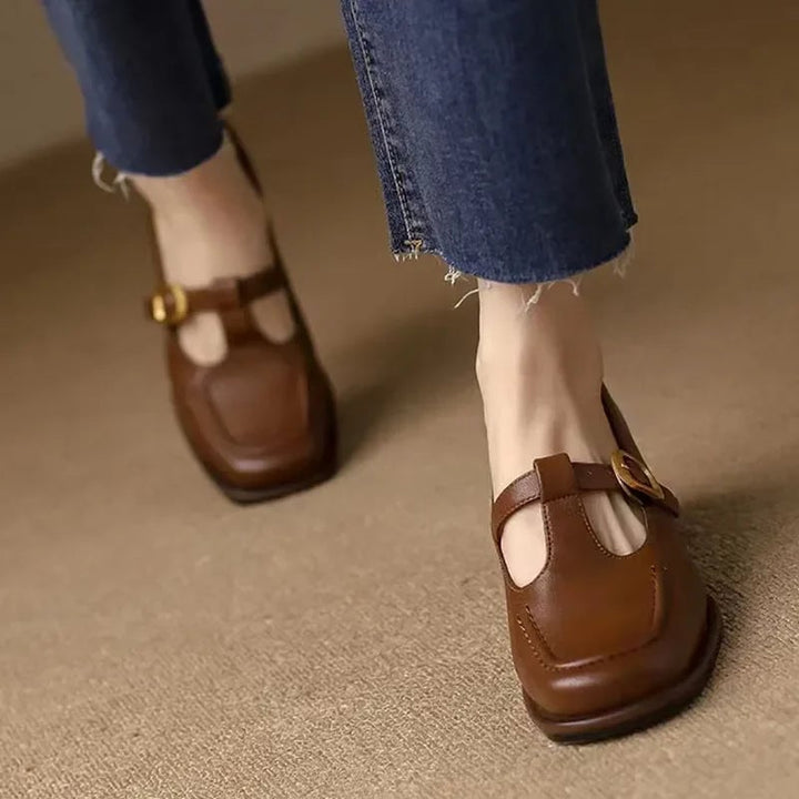 Wren T-strap mary jane shoes in brown styled with a midi dress, lifestyle shot