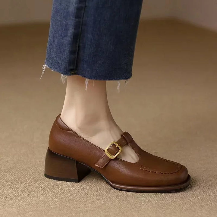 Wren mary jane shoes in black styled with tailored trousers, lifestyle shot