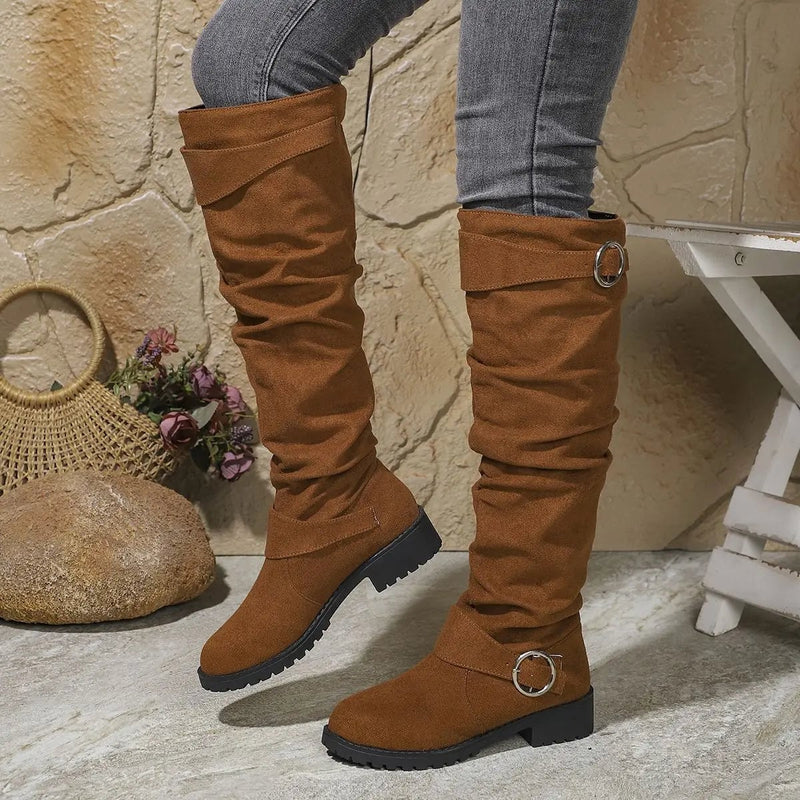 Close-up of Wyn knee high boot toe and shaft detailing in light grey