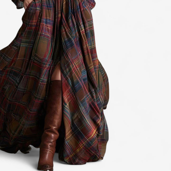 Full-length view of the Xandra maxi dress on a model, showing its elegant floor-length hemline