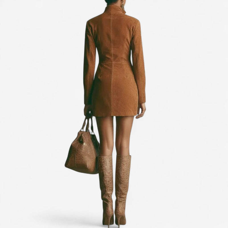 Close-up of the brown zip-up dress showing the flattering silhouette and smooth fabric detail