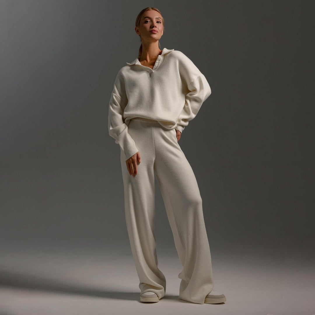 Close-up detail of the luxuriously soft knit fabric texture on the women's tracksuit set