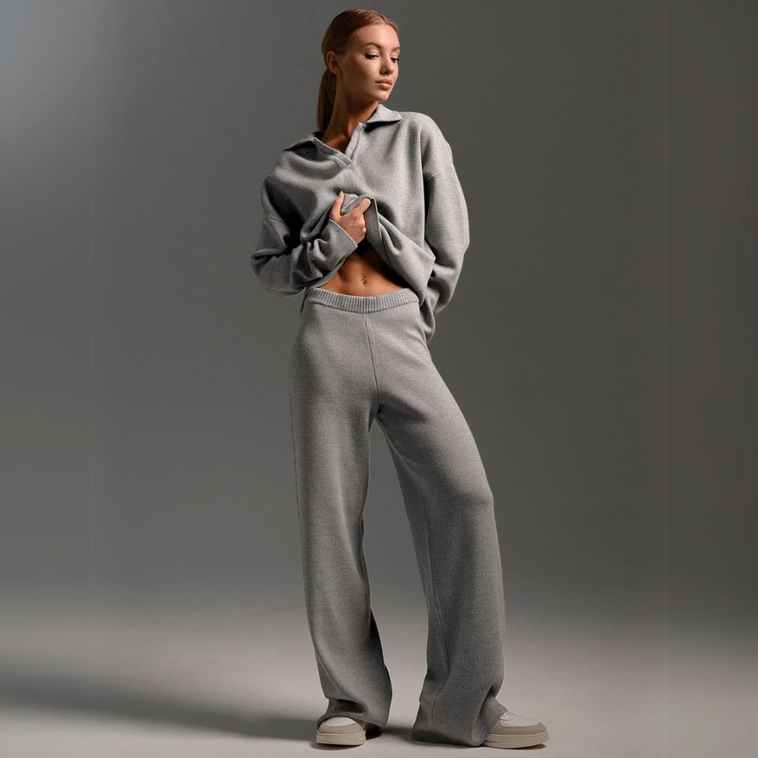 Full-length view of the knitted tracksuit set styled with sneakers for a casual everyday look