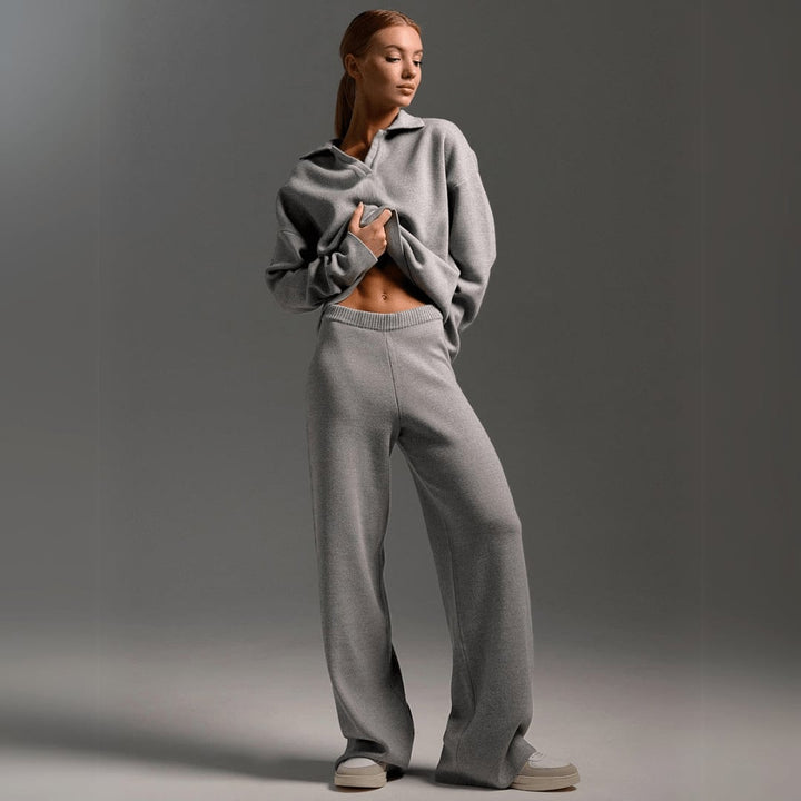 Full-length view of the knitted tracksuit set styled with sneakers for a casual everyday look