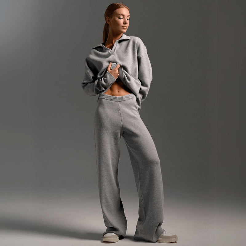 Full-length view of the knitted tracksuit set styled with sneakers for a casual everyday look