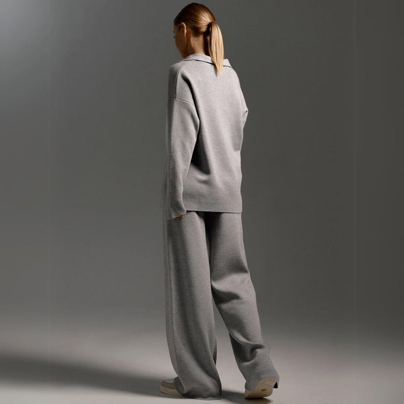 Side view of the high-waisted wide-leg knit pants paired with the relaxed pullover top