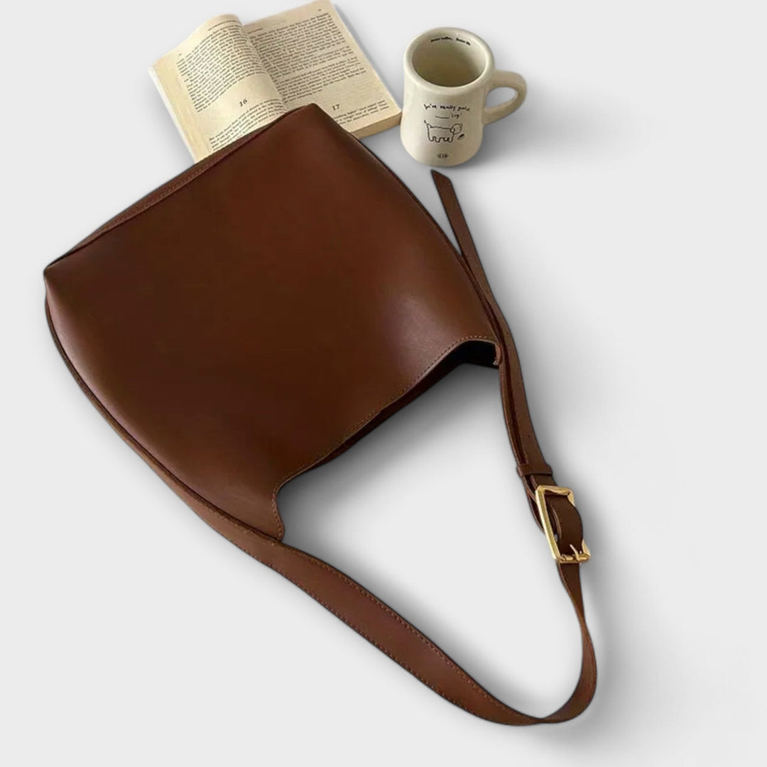 Yrla shoulder bag in brown styled with a casual everyday outfit