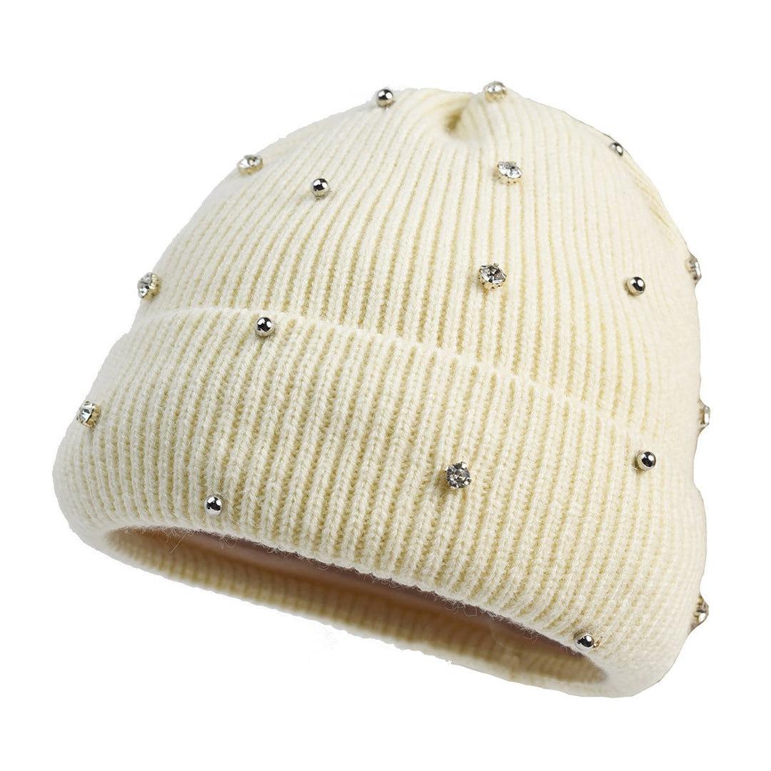 Black sparkle knit beanie laid flat showing texture and beaded accents