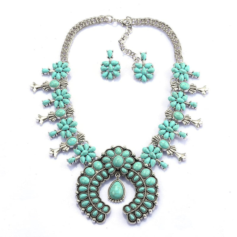 Southwest Turquoise Blossom Necklace Set with vibrant turquoise floral detail, front view