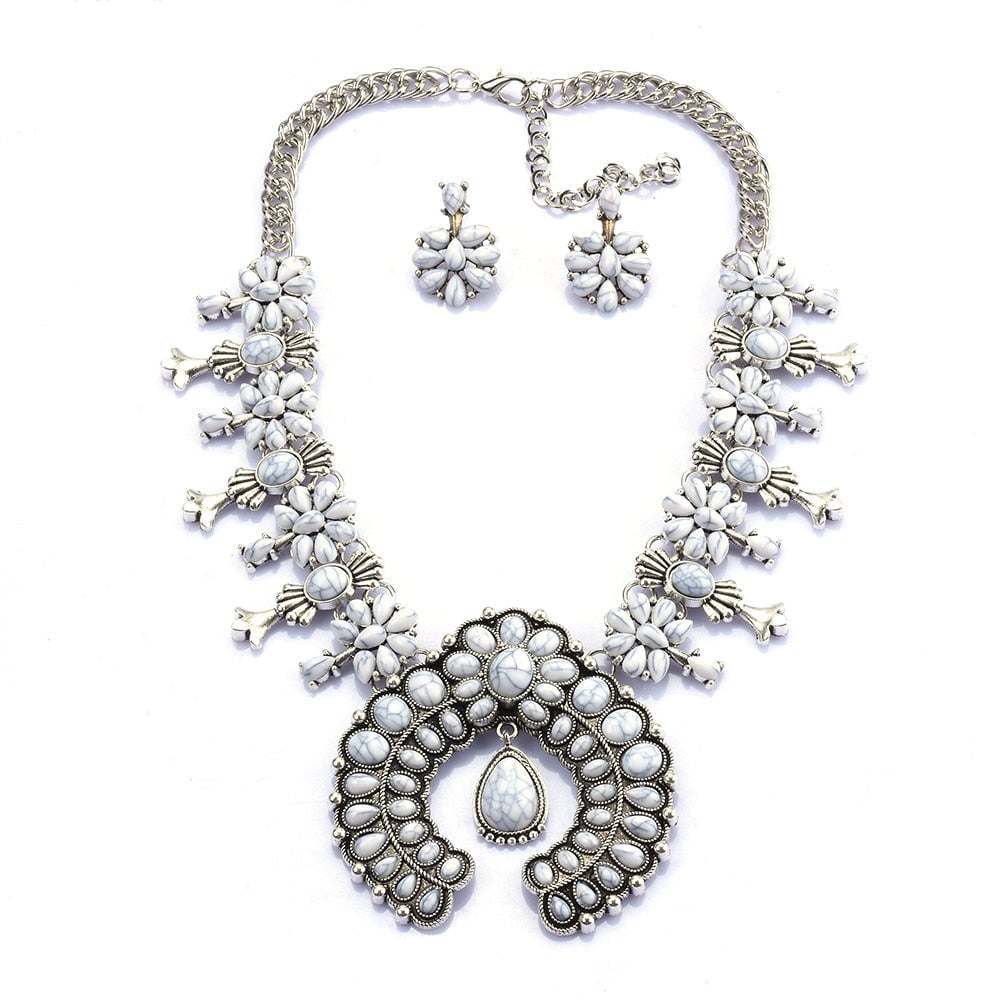 Close-up of Southwest Turquoise Blossom Necklace Set showing blossom design and finish