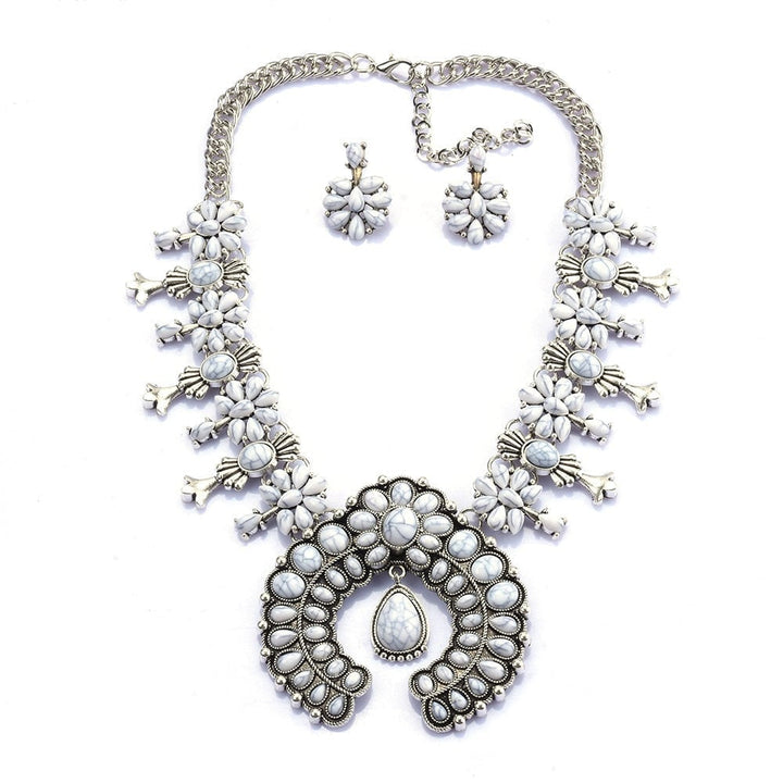 Close-up of Southwest Turquoise Blossom Necklace Set showing blossom design and finish